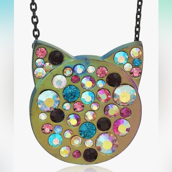 Betsey Johnson Multicolored Sparkle Stone Cat Face Pendant Cable Necklace NWT - Picture 1 of 13